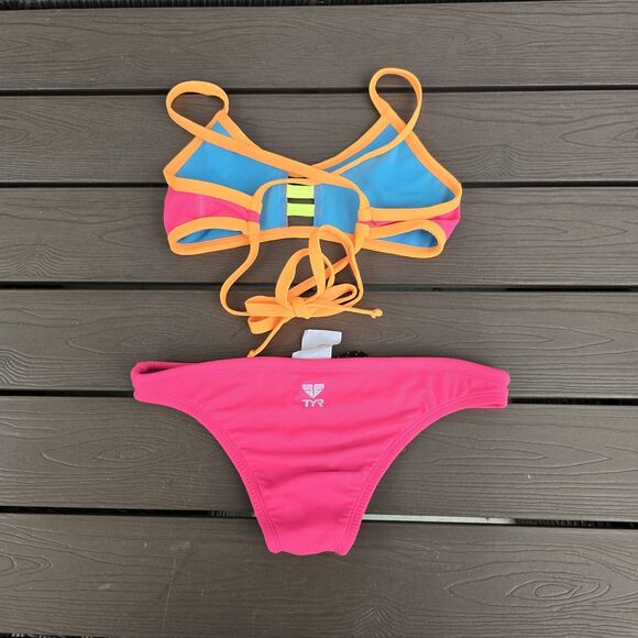 TYR Womens Durafast Solid Orange/pink Tieback Workout Bikini Sz S New Sample - Picture 2 of 4